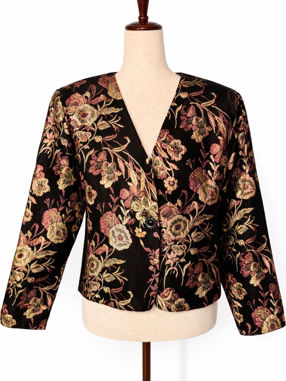 Vintage metallic embroidered evening jacket- one button.  Pink and gold- L